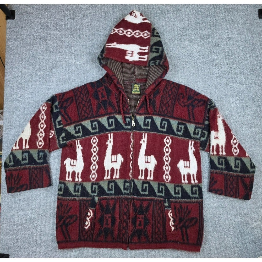 Vintage Tejidos Ruminahui Wool Alpaca Zip Up Sweater Jacket Ecuador Mens L/XL